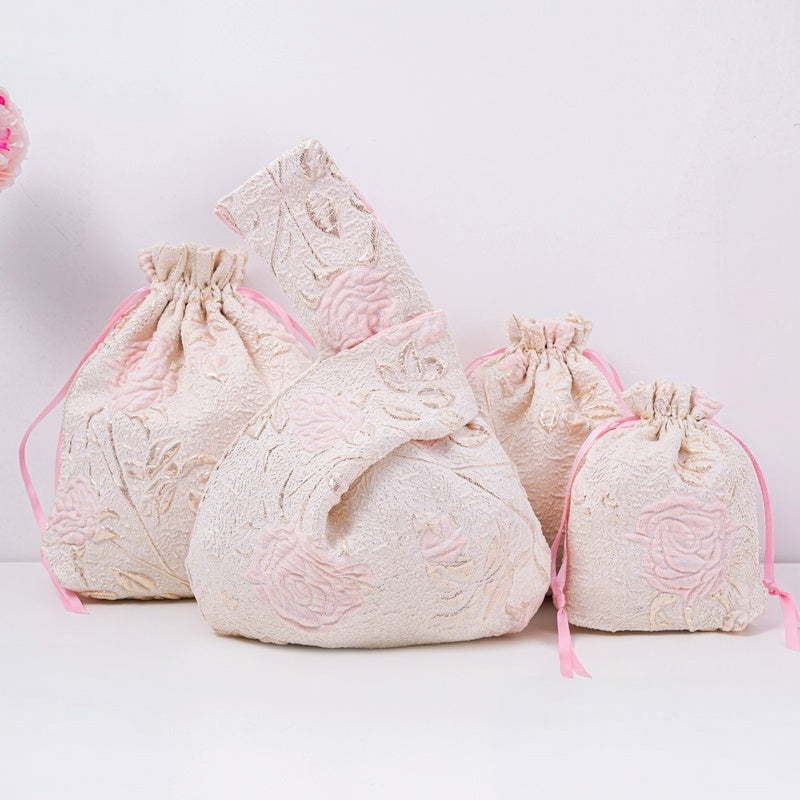 Long-stem Rose Brocade Drawstring Favor Bags, Embroidered Satin Evening Wedding Bridesmaid Gift Pouch - 1