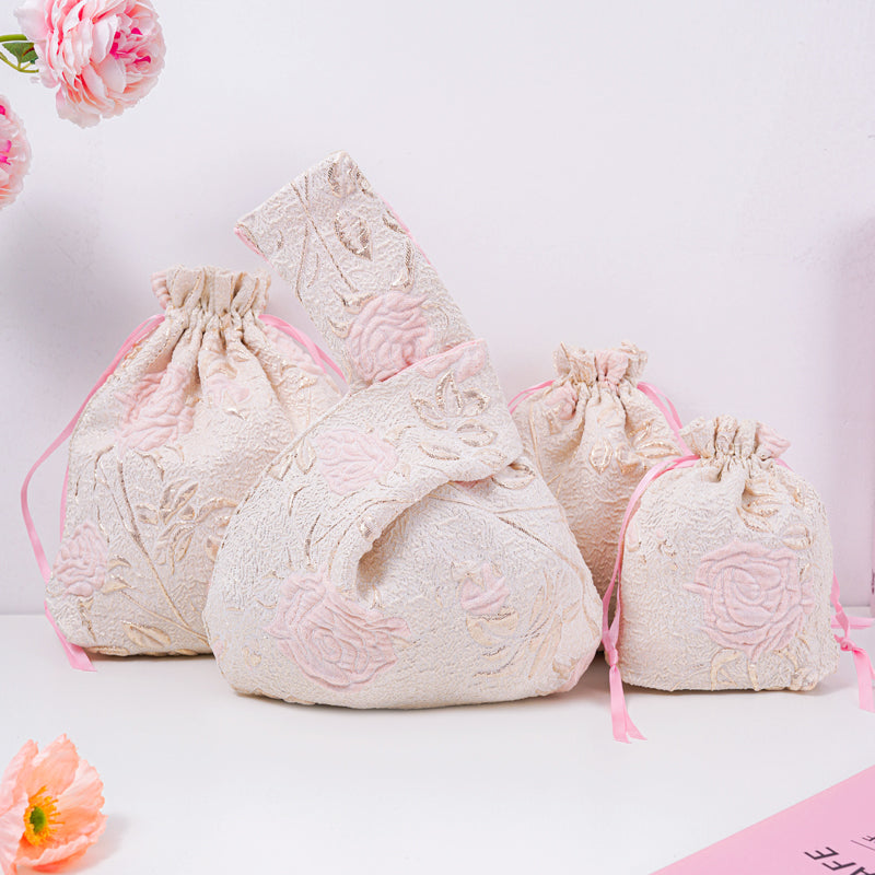 Long-stem Rose Brocade Drawstring Favor Bags, Embroidered Satin Evening Wedding Bridesmaid Gift Pouch - 1