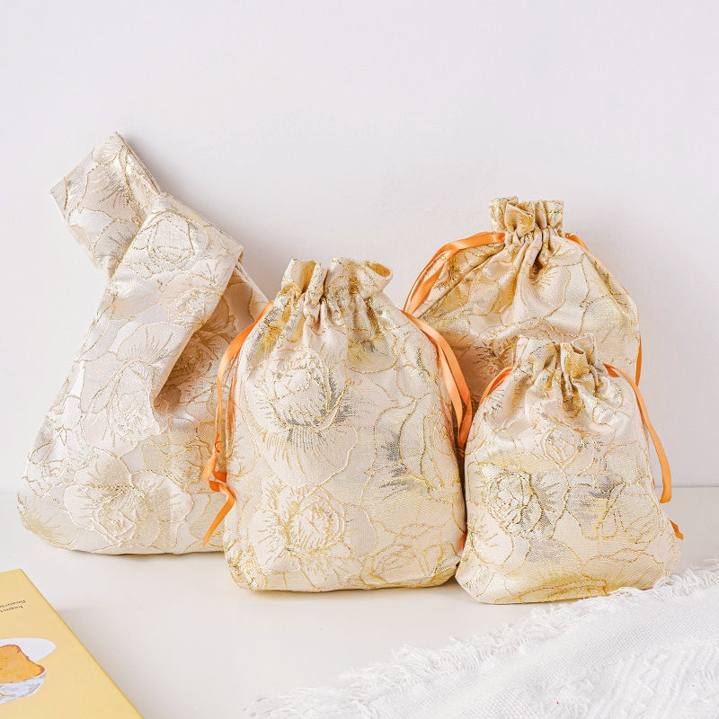 Golden Peony Brocade Drawstring Favor Bags, Embroidered Satin Evening Wedding Bridesmaid Gift Pouch - 1