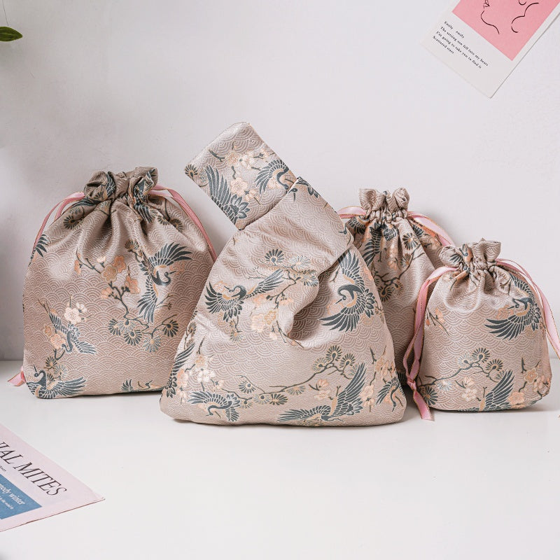 Green Crane Brocade Drawstring Favor Bags, Embroidered Satin Evening Wedding Bridesmaid Gift Pouch - 1