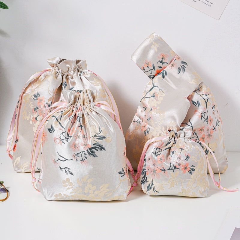 Orange Plum Blossom Brocade Drawstring Favor Bags, Embroidered Satin Evening Wedding Bridesmaid Gift Pouch - 1