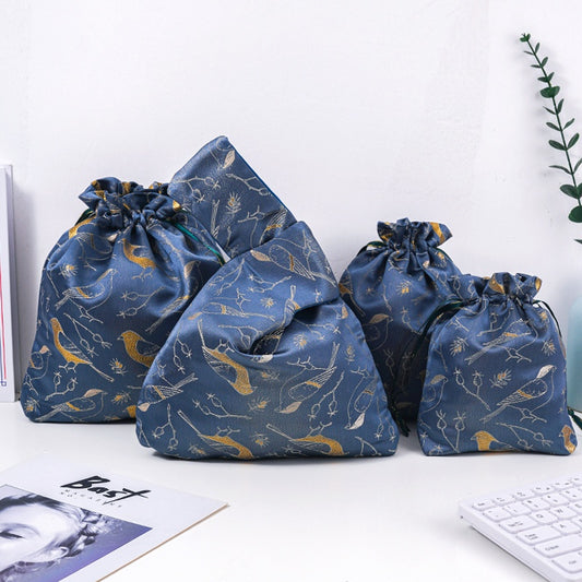 Golden Bird Brocade Drawstring Favor Bags, Embroidered Satin Evening Wedding Bridesmaid Gift Pouch - 1