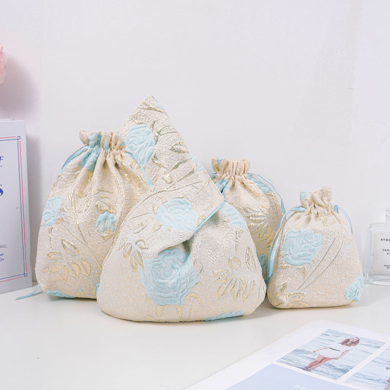 Long-stem Rose Brocade Drawstring Favor Bags, Embroidered Satin Evening Wedding Bridesmaid Gift Pouch - 1