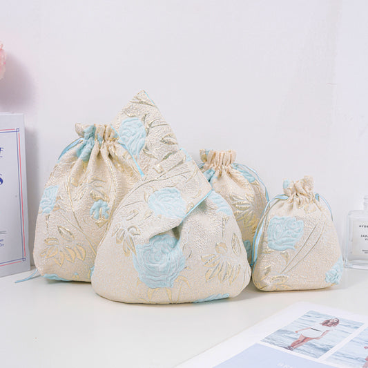 Long-stem Rose Brocade Drawstring Favor Bags, Embroidered Satin Evening Wedding Bridesmaid Gift Pouch - 1
