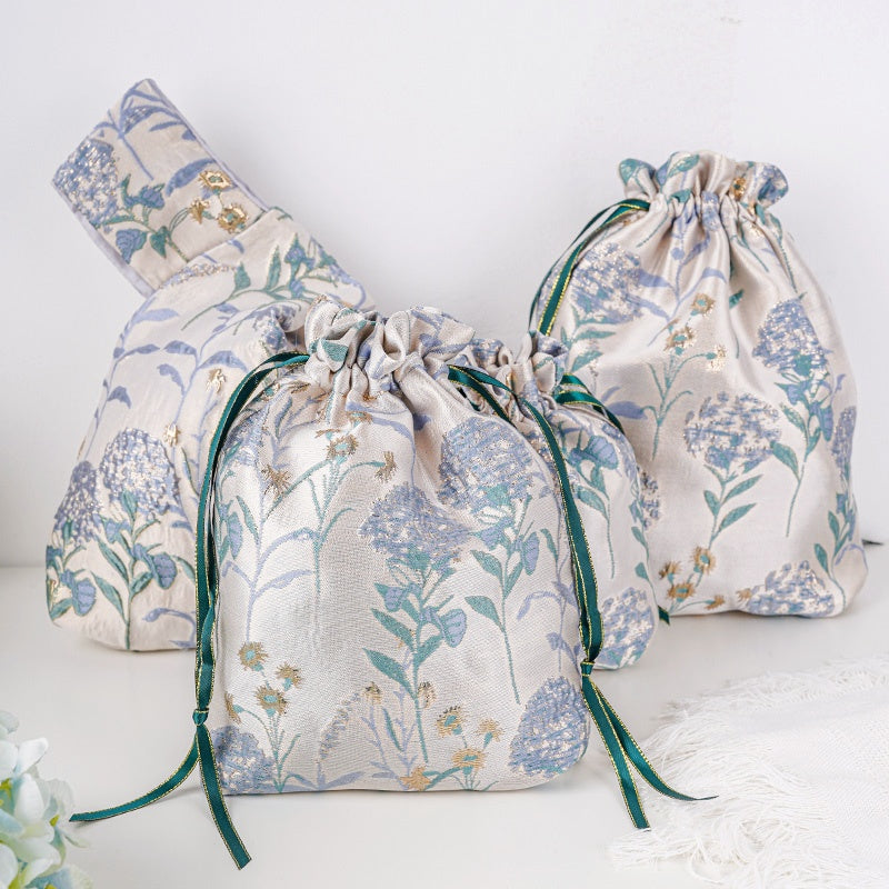 Blue Hydrangea Brocade Drawstring Favor Bags, Embroidered Satin Evening Wedding Bridesmaid Gift Pouch - 2