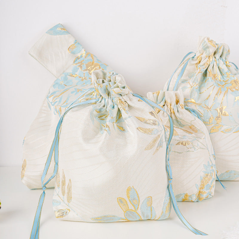 Golden Leaf Brocade Drawstring Favor Bags, Embroidered Satin Evening Wedding Bridesmaid Gift Pouch - 2