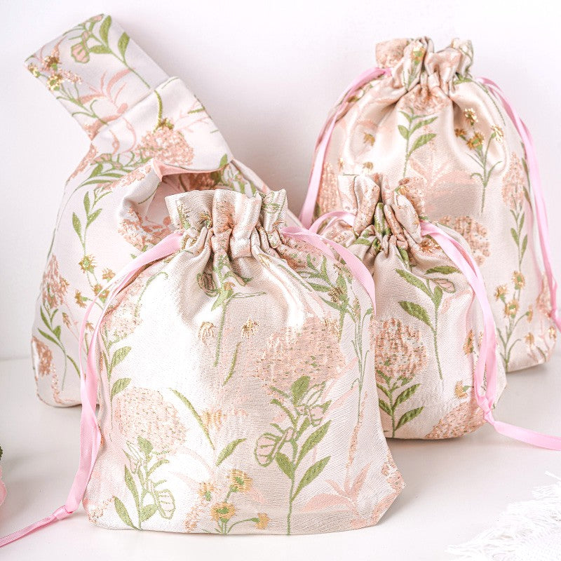 Pink Hydrangea Brocade Drawstring Favor Bags, Embroidered Satin Evening Wedding Bridesmaid Gift Pouch - 2