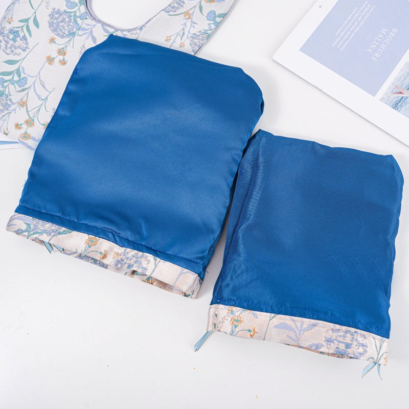 Blue Hydrangea Brocade Drawstring Favor Bags, Embroidered Satin Evening Wedding Bridesmaid Gift Pouch - 5