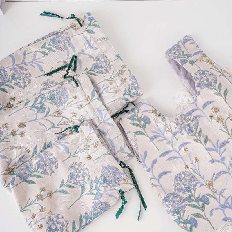 Blue Hydrangea Brocade Drawstring Favor Bags, Embroidered Satin Evening Wedding Bridesmaid Gift Pouch - 3