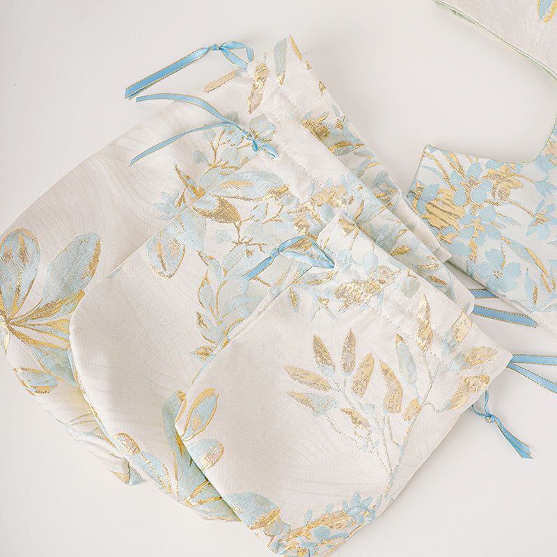 Golden Leaf Brocade Drawstring Favor Bags, Embroidered Satin Evening Wedding Bridesmaid Gift Pouch - 3