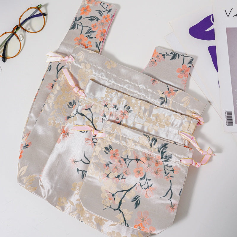 Orange Plum Blossom Brocade Drawstring Favor Bags, Embroidered Satin Evening Wedding Bridesmaid Gift Pouch - 2