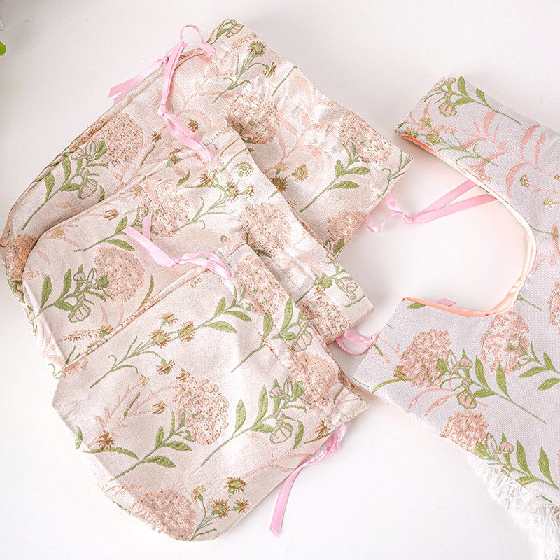 Pink Hydrangea Brocade Drawstring Favor Bags, Embroidered Satin Evening Wedding Bridesmaid Gift Pouch - 3
