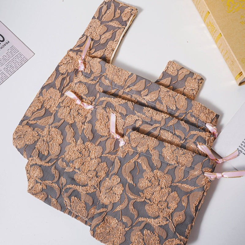 Golden Flower Brocade Drawstring Favor Bags, Embroidered Satin Evening Wedding Bridesmaid Gift Pouch - 2