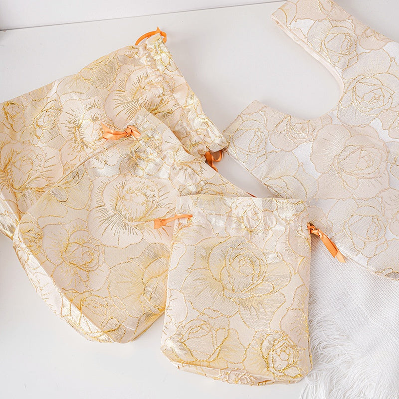 Golden Peony Brocade Drawstring Favor Bags, Embroidered Satin Evening Wedding Bridesmaid Gift Pouch - 2