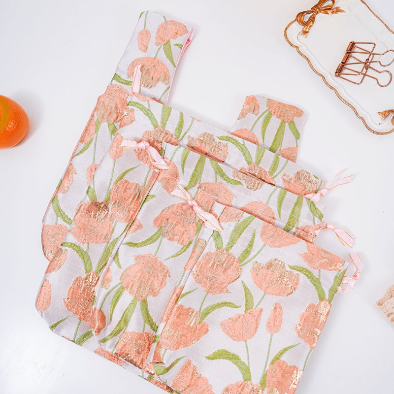 Tulip Brocade Drawstring Favor Bags, Embroidered Satin Evening Wedding Bridesmaid Gift Pouch - 2