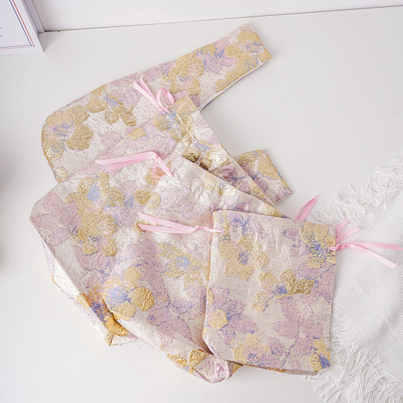 Purple Gold Flower Brocade Drawstring Favor Bags, Embroidered Satin Evening Wedding Bridesmaid Gift Pouch - 2