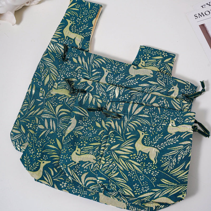 Golden Deer Brocade Drawstring Favor Bags, Embroidered Satin Evening Wedding Bridesmaid Gift Pouch - 2