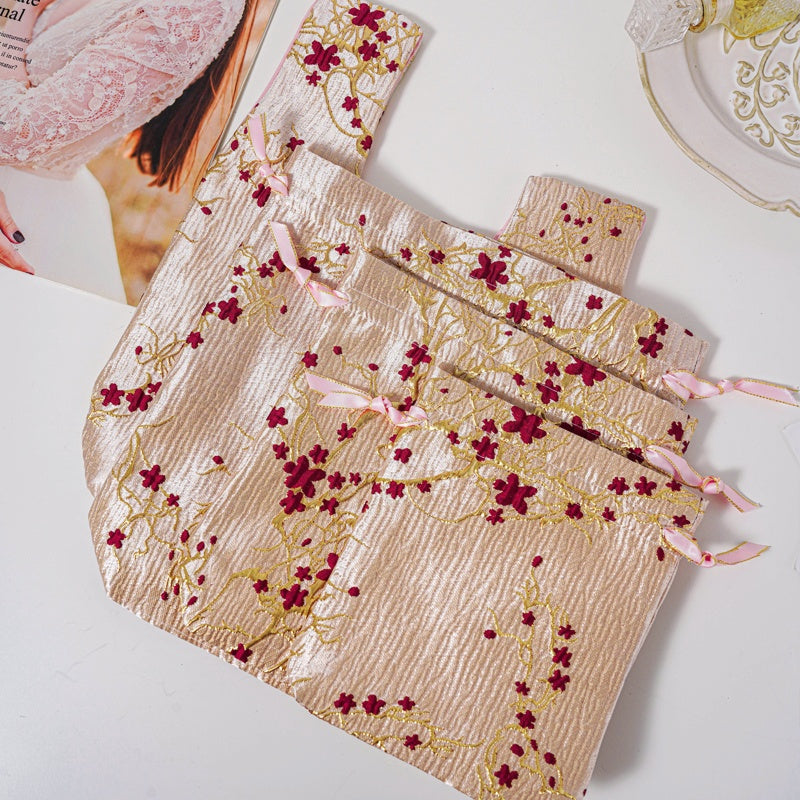 Red Plum Blossom Brocade Drawstring Favor Bags, Embroidered Satin Evening Wedding Bridesmaid Gift Pouch - 2
