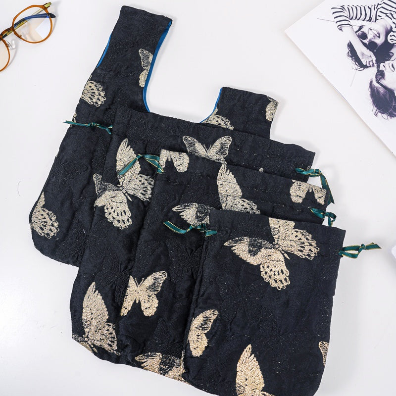 Golden Butterfly Brocade Drawstring Favor Bags, Embroidered Satin Evening Wedding Bridesmaid Gift Pouch - 2