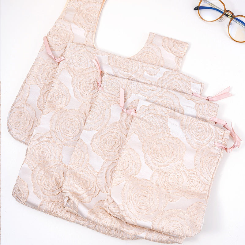 Golden Rose Brocade Drawstring Favor Bags, Embroidered Satin Evening Wedding Bridesmaid Gift Pouch - 2