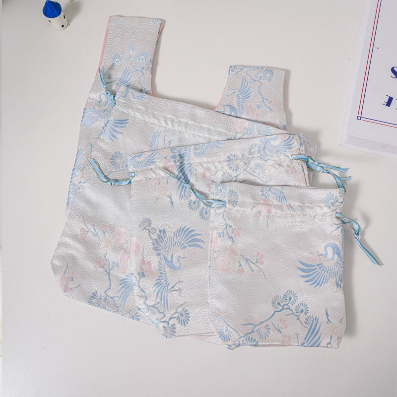 Blue Crane Brocade Drawstring Favor Bags, Embroidered Satin Evening Wedding Bridesmaid Gift Pouch - 2