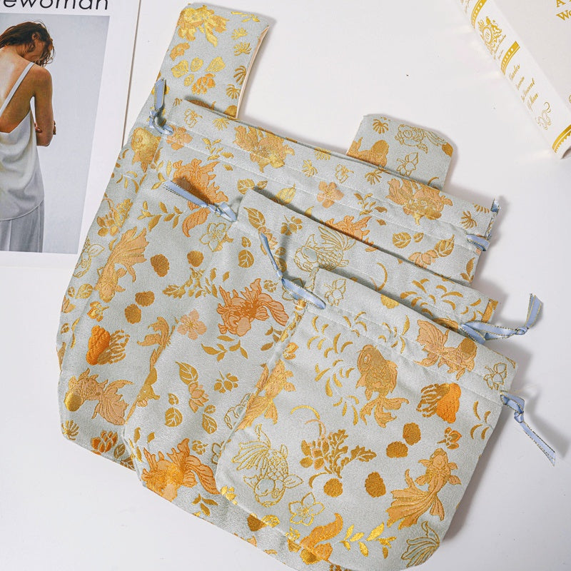 Golden Goldfish Brocade Drawstring Favor Bags, Embroidered Satin Evening Wedding Bridesmaid Gift Pouch - 2