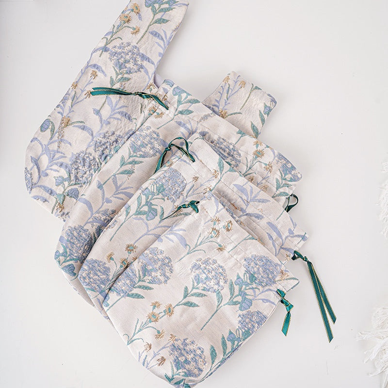 Blue Hydrangea Brocade Drawstring Favor Bags, Embroidered Satin Evening Wedding Bridesmaid Gift Pouch - 4