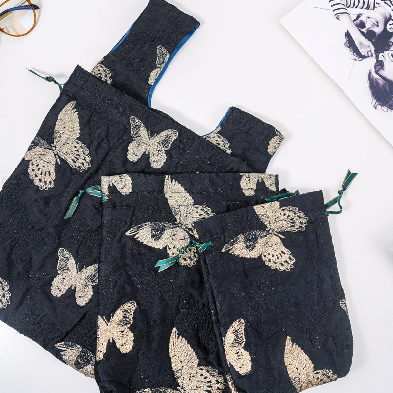 Golden Butterfly Brocade Drawstring Favor Bags, Embroidered Satin Evening Wedding Bridesmaid Gift Pouch - 3