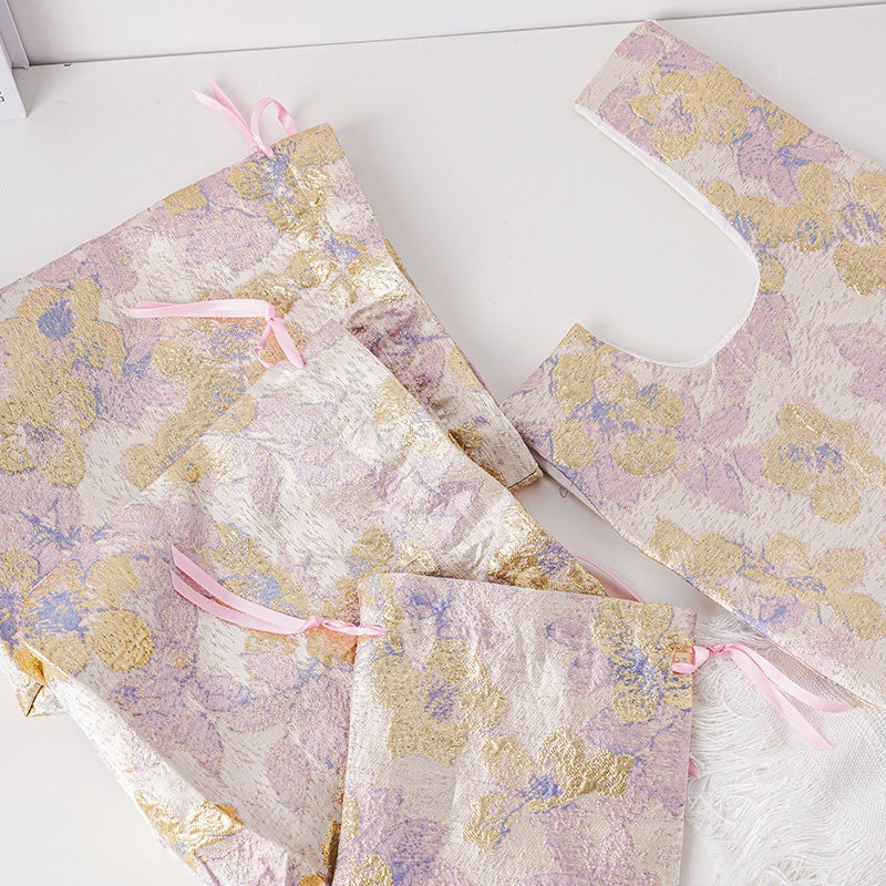 Purple Gold Flower Brocade Drawstring Favor Bags, Embroidered Satin Evening Wedding Bridesmaid Gift Pouch - 3