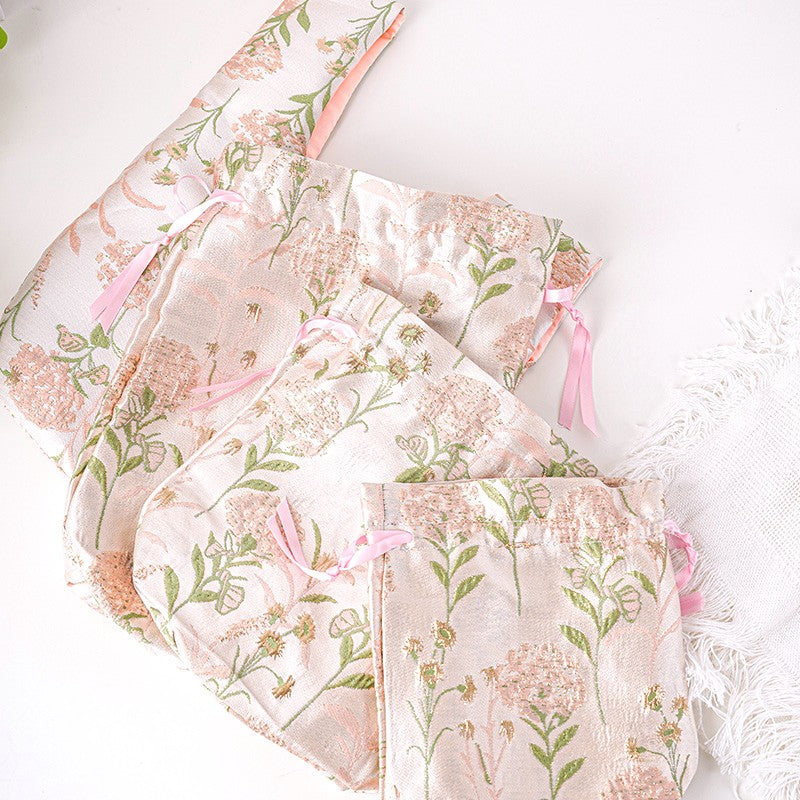 Pink Hydrangea Brocade Drawstring Favor Bags, Embroidered Satin Evening Wedding Bridesmaid Gift Pouch - 4