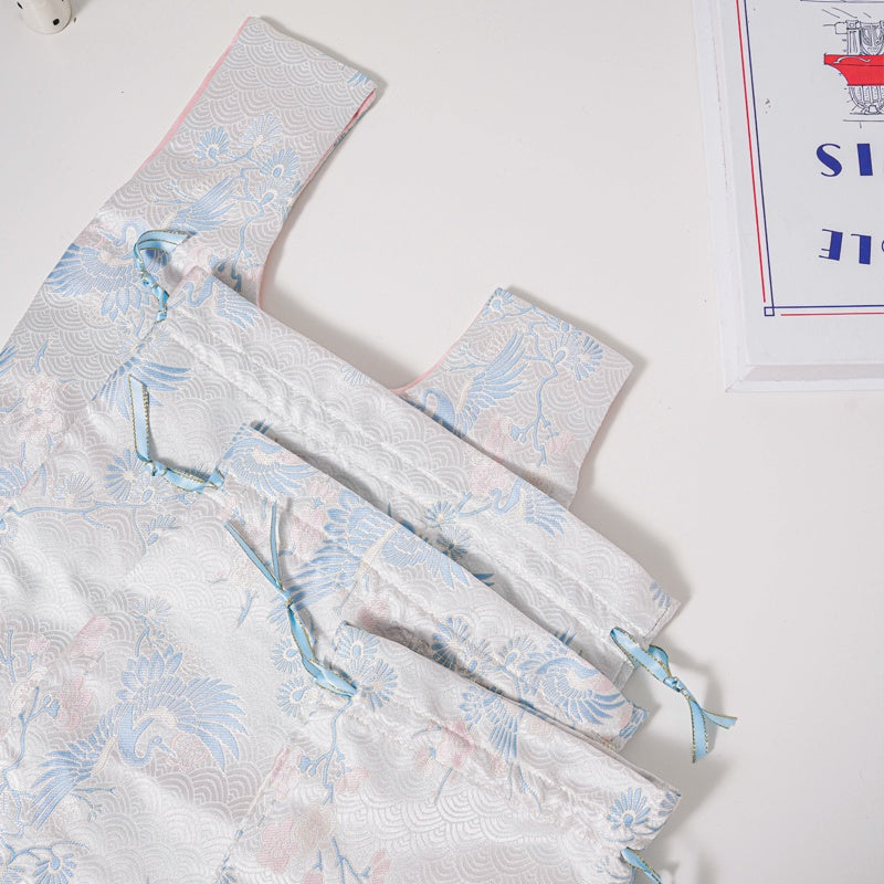 Blue Crane Brocade Drawstring Favor Bags, Embroidered Satin Evening Wedding Bridesmaid Gift Pouch - 3