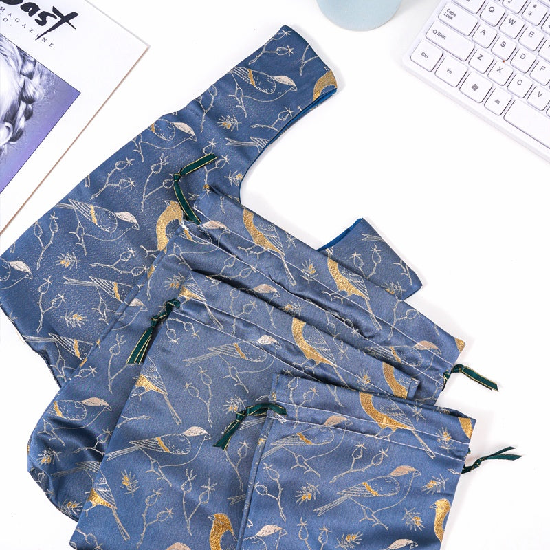 Golden Bird Brocade Drawstring Favor Bags, Embroidered Satin Evening Wedding Bridesmaid Gift Pouch - 3
