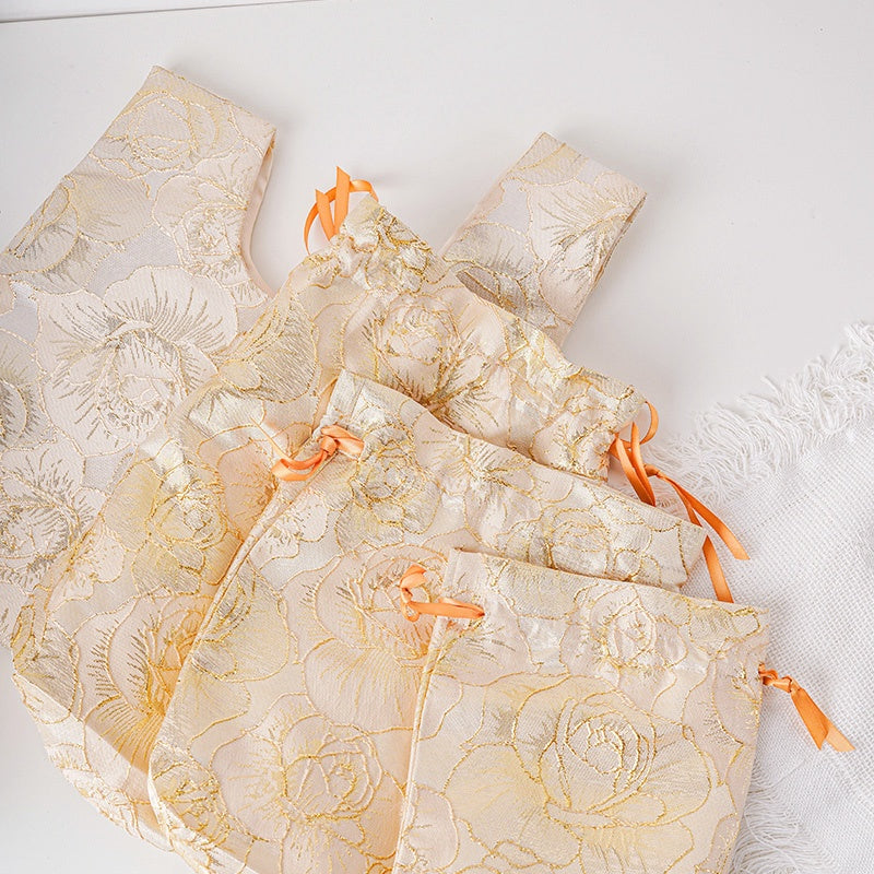 Golden Peony Brocade Drawstring Favor Bags, Embroidered Satin Evening Wedding Bridesmaid Gift Pouch - 3