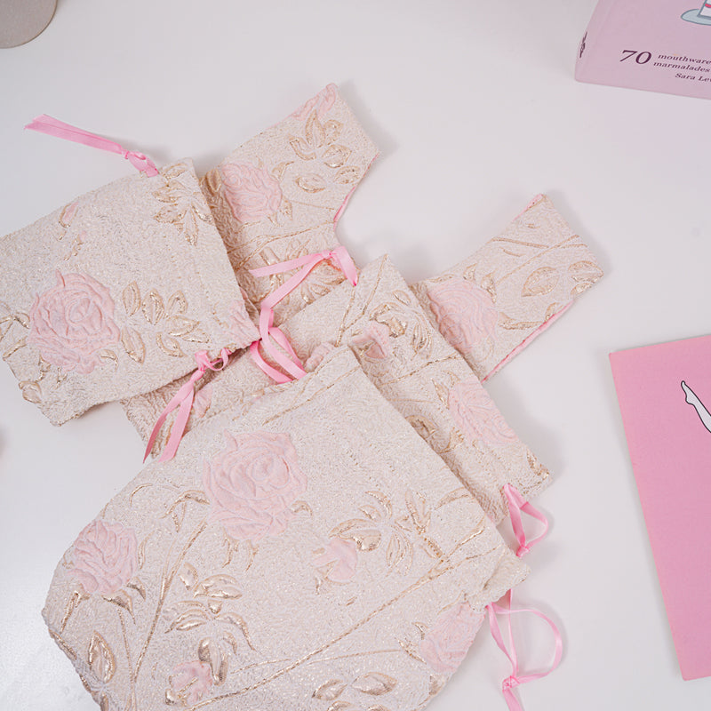 Long-stem Rose Brocade Drawstring Favor Bags, Embroidered Satin Evening Wedding Bridesmaid Gift Pouch - 3