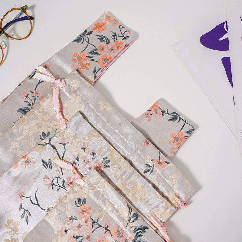 Orange Plum Blossom Brocade Drawstring Favor Bags, Embroidered Satin Evening Wedding Bridesmaid Gift Pouch - 3