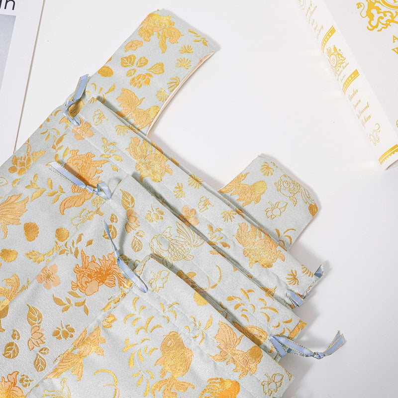 Golden Goldfish Brocade Drawstring Favor Bags, Embroidered Satin Evening Wedding Bridesmaid Gift Pouch - 3
