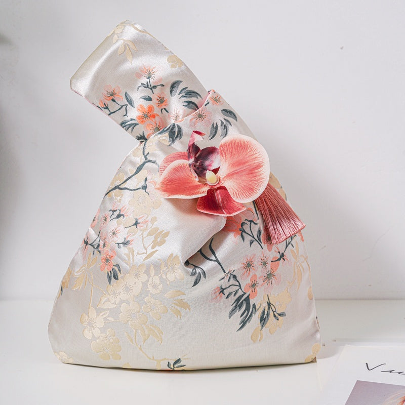 Orange Plum Blossom Brocade Drawstring Favor Bags, Embroidered Satin Evening Wedding Bridesmaid Gift Pouch - 5
