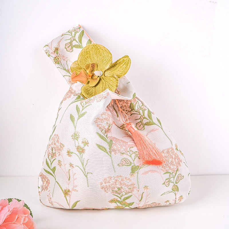 Pink Hydrangea Brocade Drawstring Favor Bags, Embroidered Satin Evening Wedding Bridesmaid Gift Pouch - 6