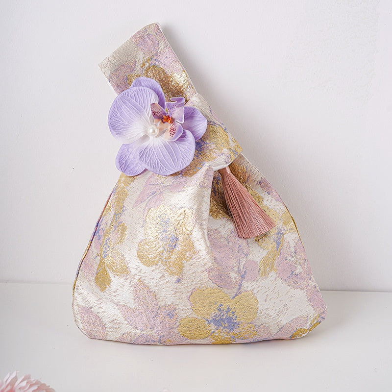 Purple Gold Flower Brocade Drawstring Favor Bags, Embroidered Satin Evening Wedding Bridesmaid Gift Pouch - 5