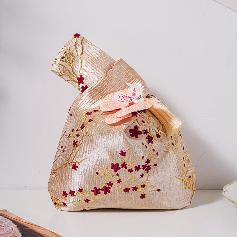 Red Plum Blossom Brocade Drawstring Favor Bags, Embroidered Satin Evening Wedding Bridesmaid Gift Pouch - 5