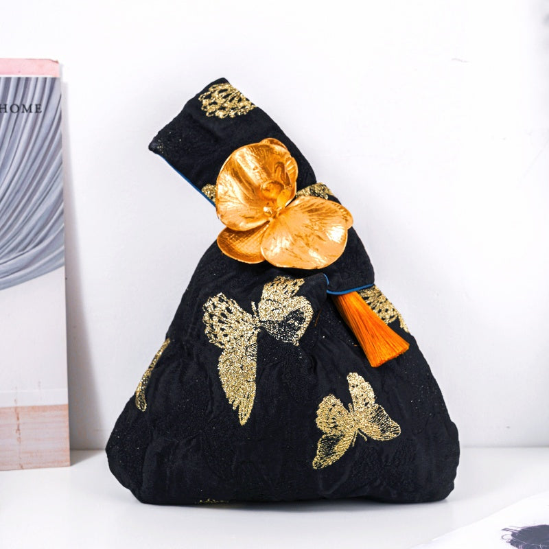 Golden Butterfly Brocade Drawstring Favor Bags, Embroidered Satin Evening Wedding Bridesmaid Gift Pouch - 5