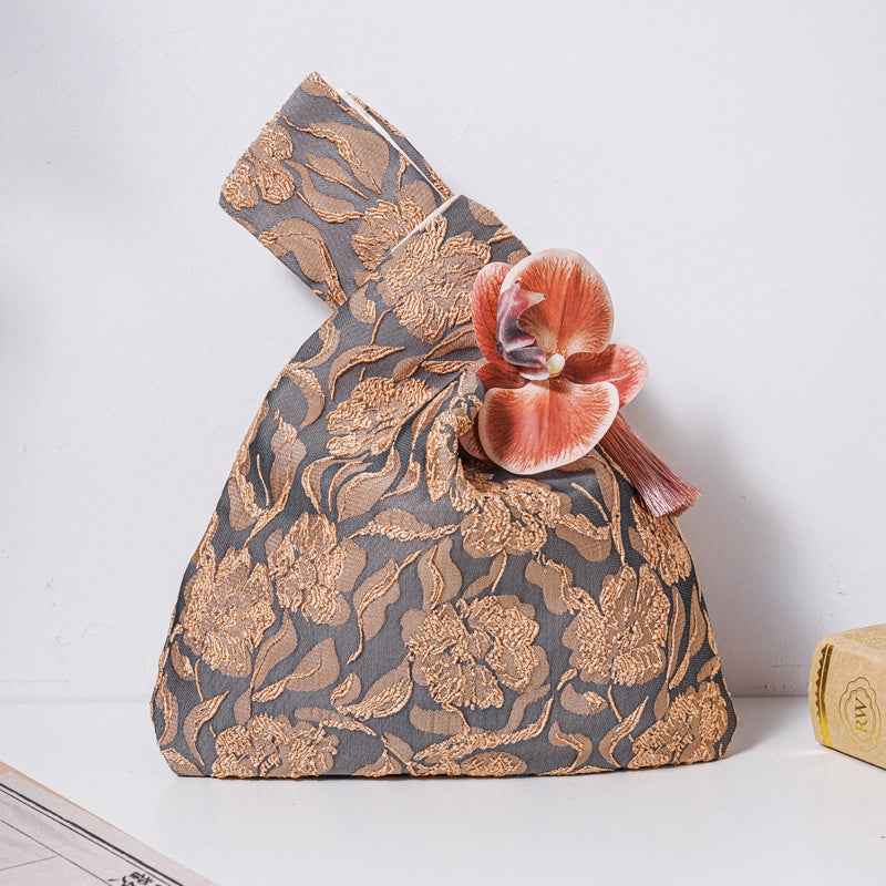 Golden Flower Brocade Drawstring Favor Bags, Embroidered Satin Evening Wedding Bridesmaid Gift Pouch - 5
