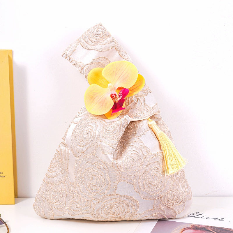 Golden Rose Brocade Drawstring Favor Bags, Embroidered Satin Evening Wedding Bridesmaid Gift Pouch - 5