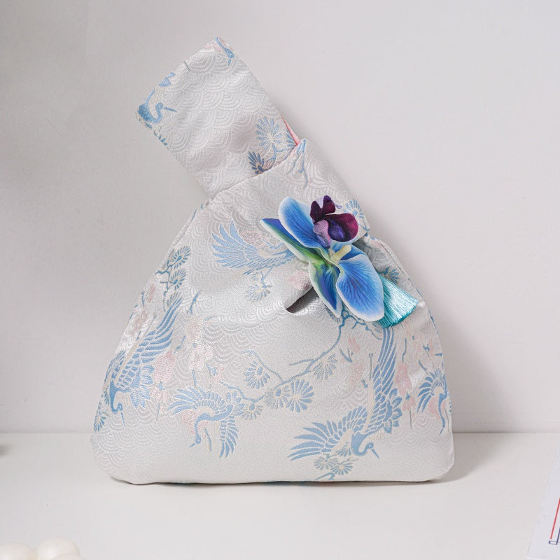 Blue Crane Brocade Drawstring Favor Bags, Embroidered Satin Evening Wedding Bridesmaid Gift Pouch - 5