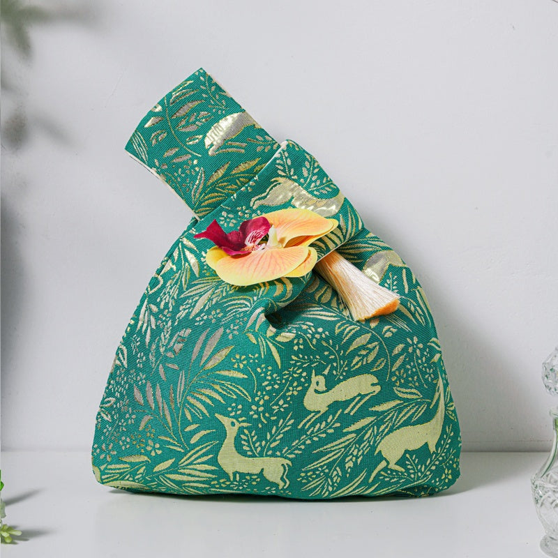 Golden Deer Brocade Drawstring Favor Bags, Embroidered Satin Evening Wedding Bridesmaid Gift Pouch - 5