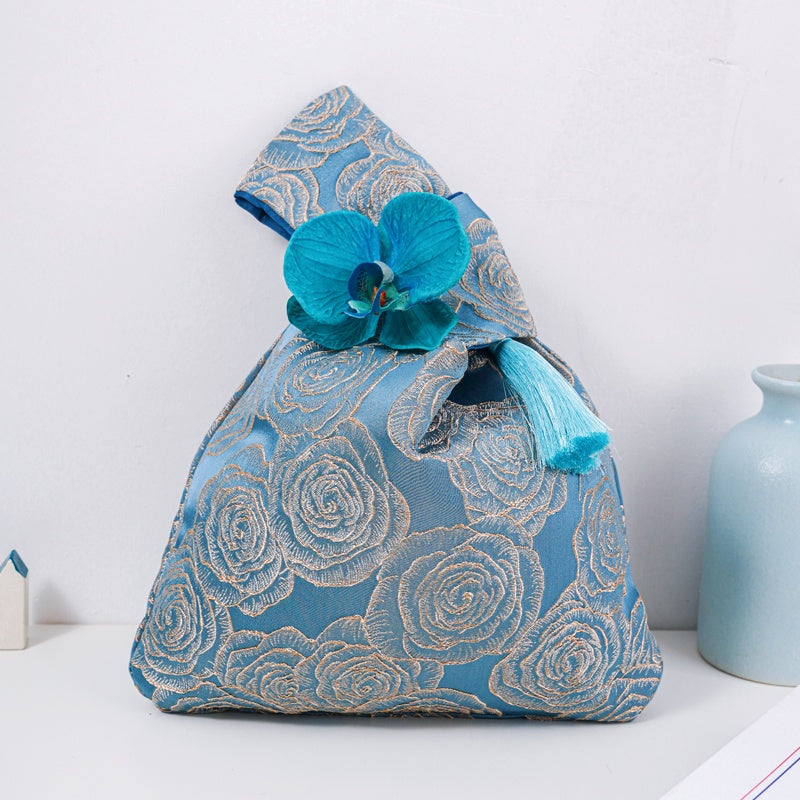Golden Rose Brocade Drawstring Favor Bags, Embroidered Satin Evening Wedding Bridesmaid Gift Pouch - 5