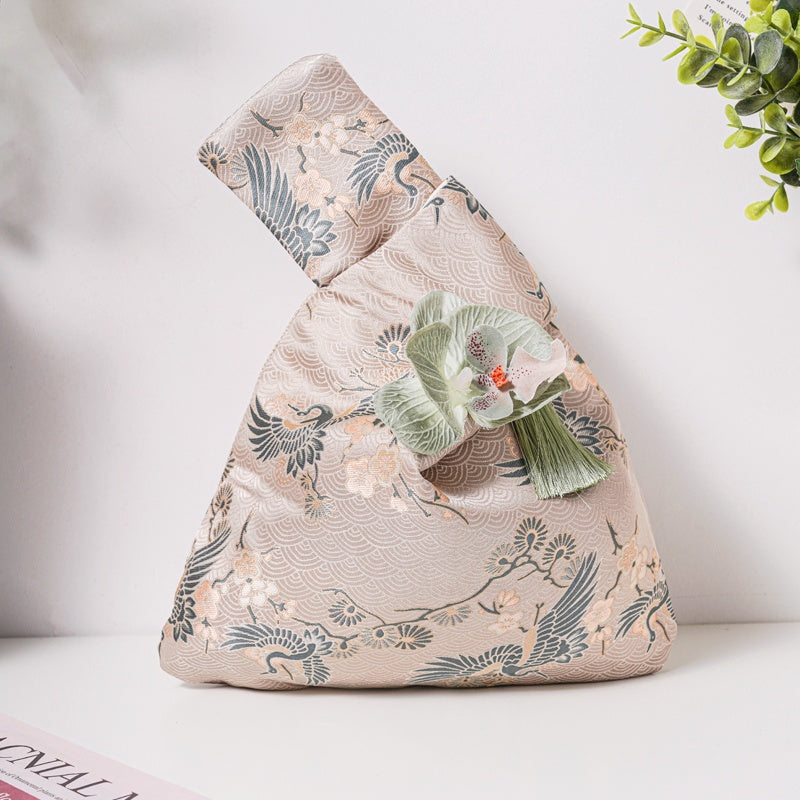 Green Crane Brocade Drawstring Favor Bags, Embroidered Satin Evening Wedding Bridesmaid Gift Pouch - 5