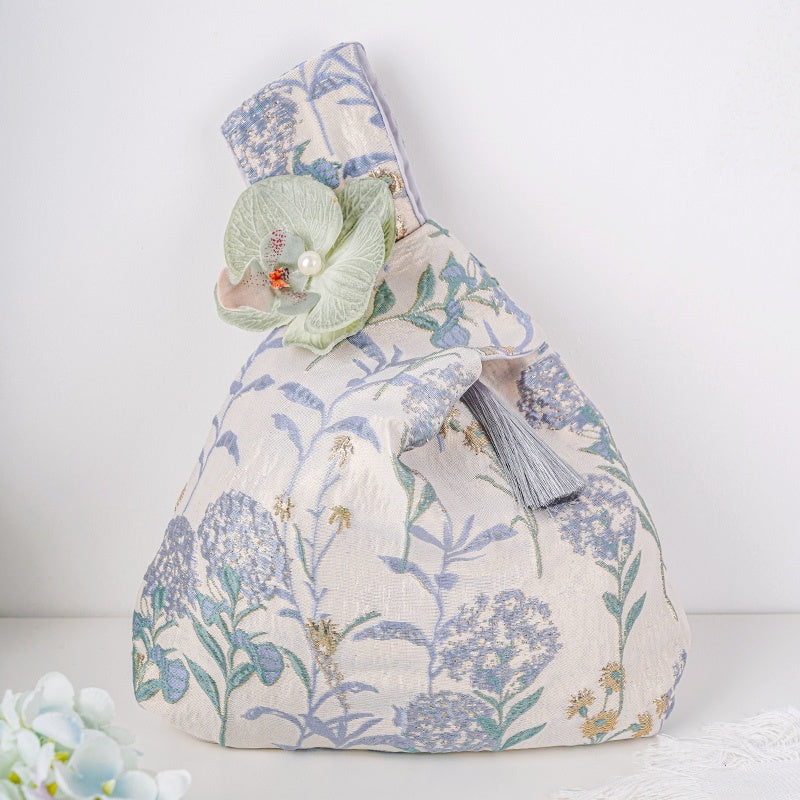 Blue Hydrangea Brocade Drawstring Favor Bags, Embroidered Satin Evening Wedding Bridesmaid Gift Pouch - 6