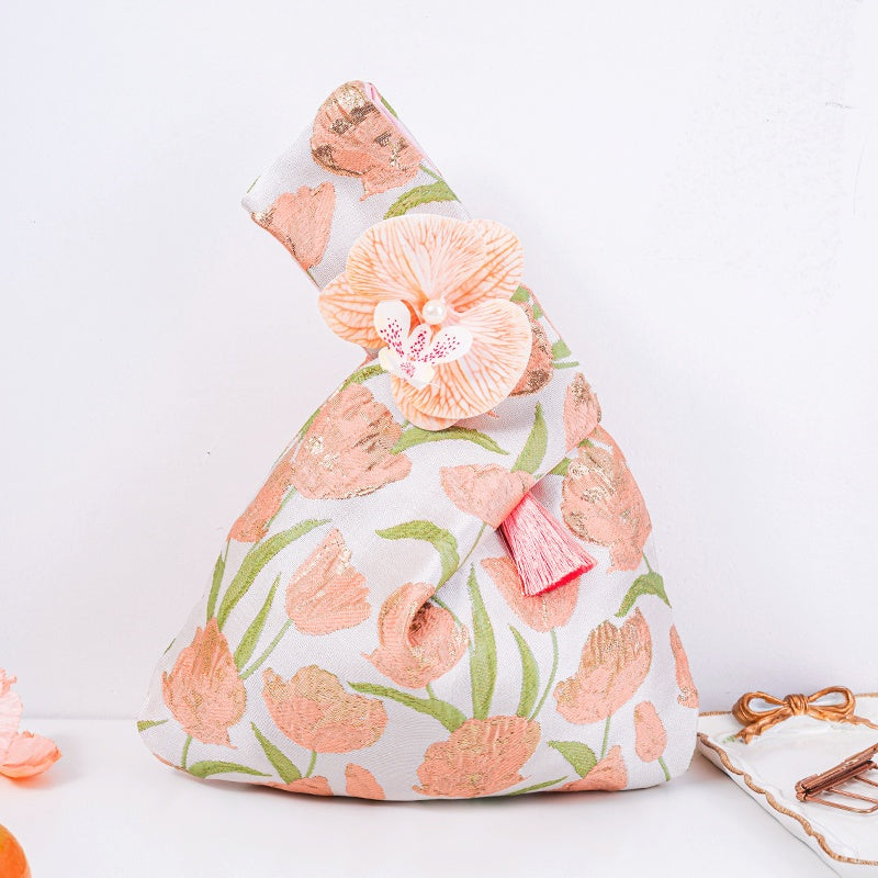 Tulip Brocade Drawstring Favor Bags, Embroidered Satin Evening Wedding Bridesmaid Gift Pouch - 5