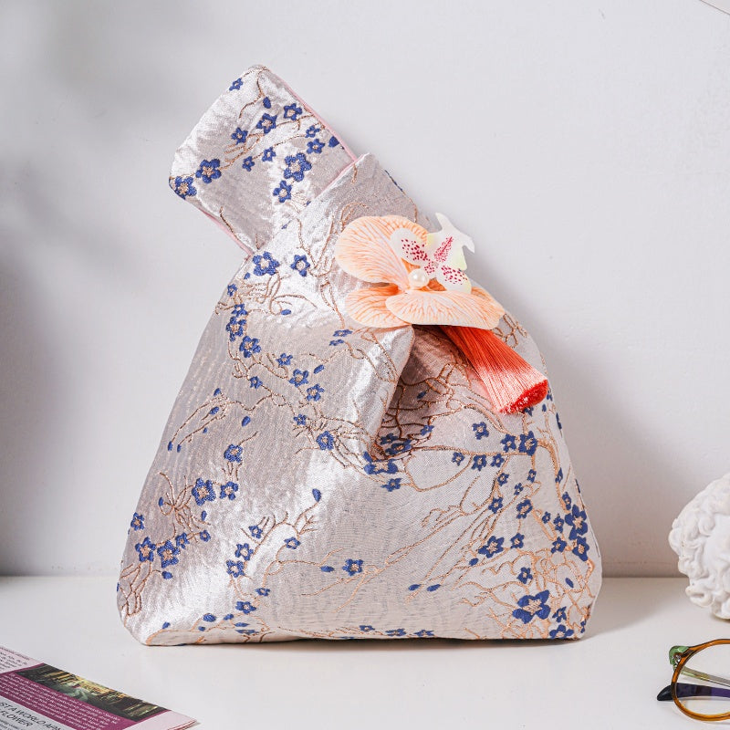 Blue Plum Blossom Brocade Drawstring Favor Bags, Embroidered Satin Evening Wedding Bridesmaid Gift Pouch - 5